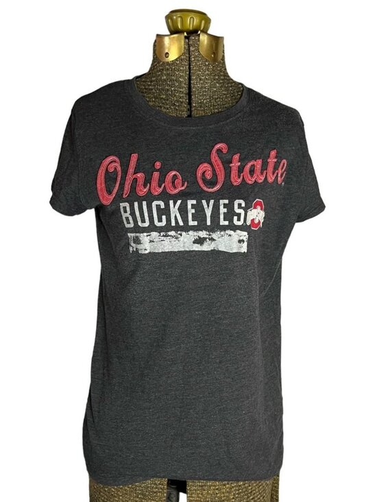 J. America Tops - Ohio State Buckeyes Womens T-Shirt L J. America Gray Red Short Sleeve